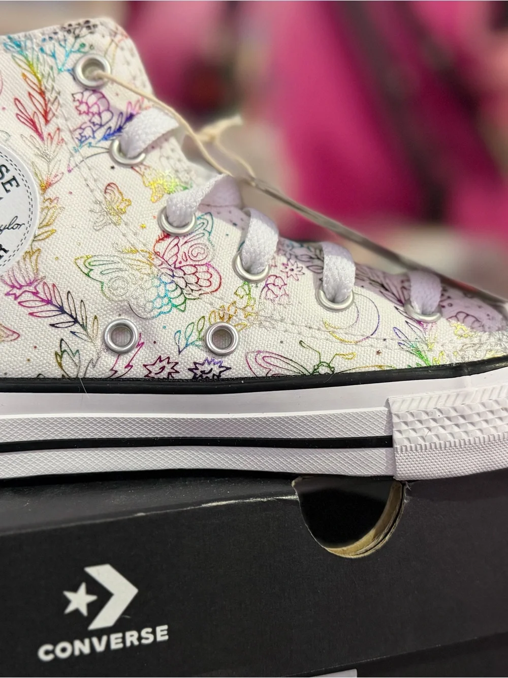 Converse White High-Top Sneakers with Multicolor Rainbow Floral Butterfly Doodle